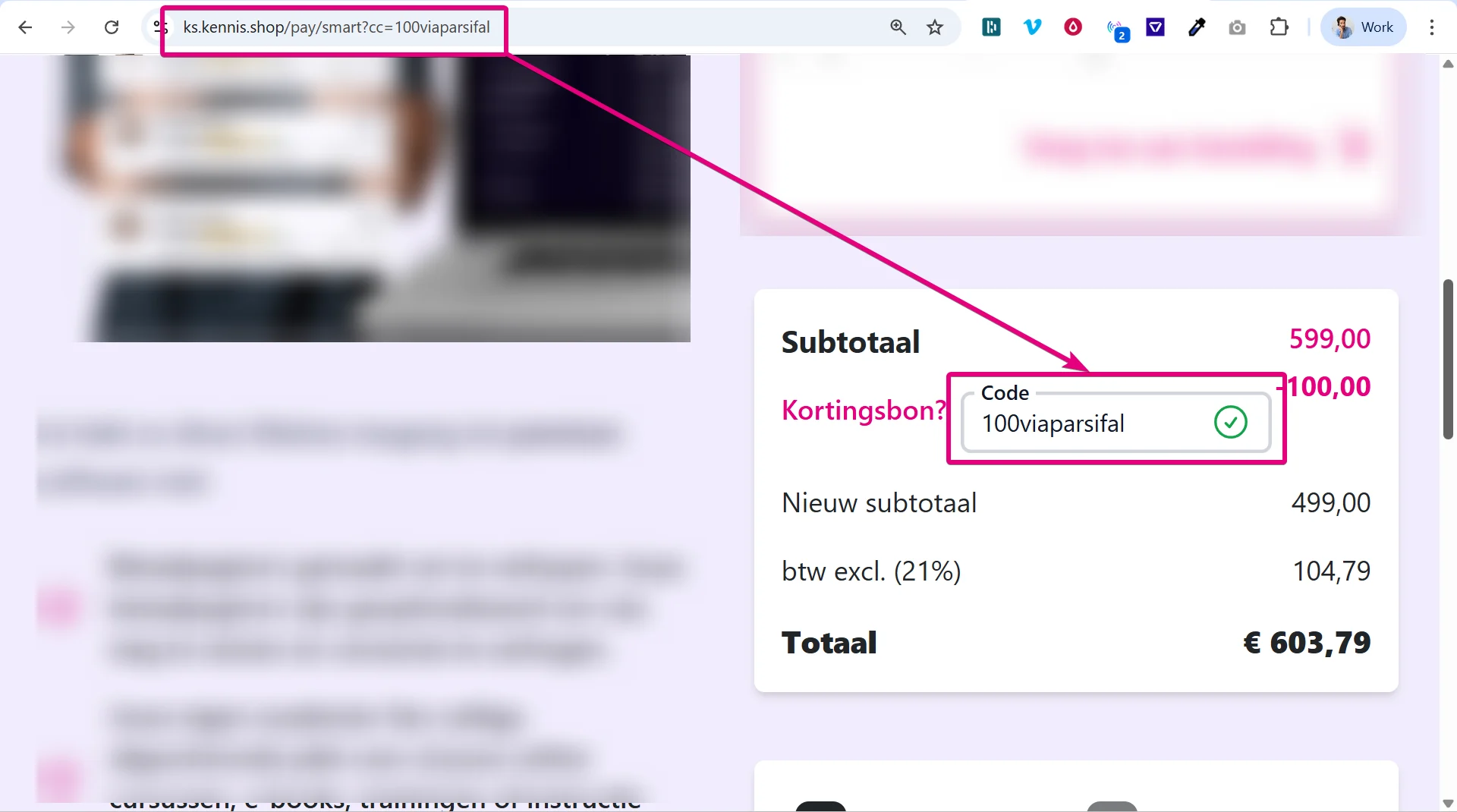Screenshot van het Kennis.shop dashboard waar je jouw kortingscode vindt