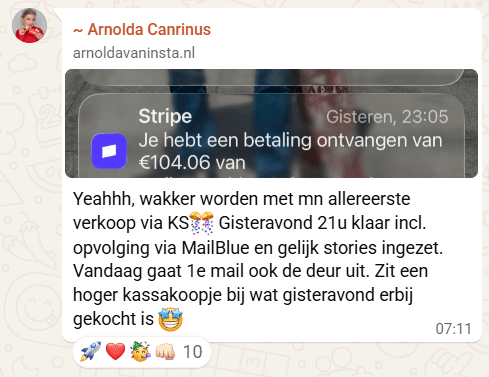 Arnolda Canrinus deelt haar eerste Stripe verkoop notificatie van 104 euro
