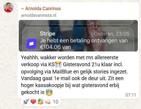 Arnolda Canrinus deelt haar eerste Stripe verkoop notificatie van 104 euro
