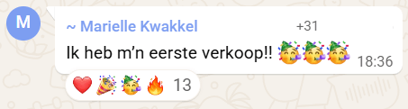 Marielle Kwakkel viert haar eerste verkoop met feestemoji's