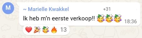 Marielle Kwakkel viert haar eerste verkoop met feestemoji's