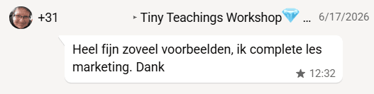 Deelnemer waardeert de vele voorbeelden en de complete marketing les