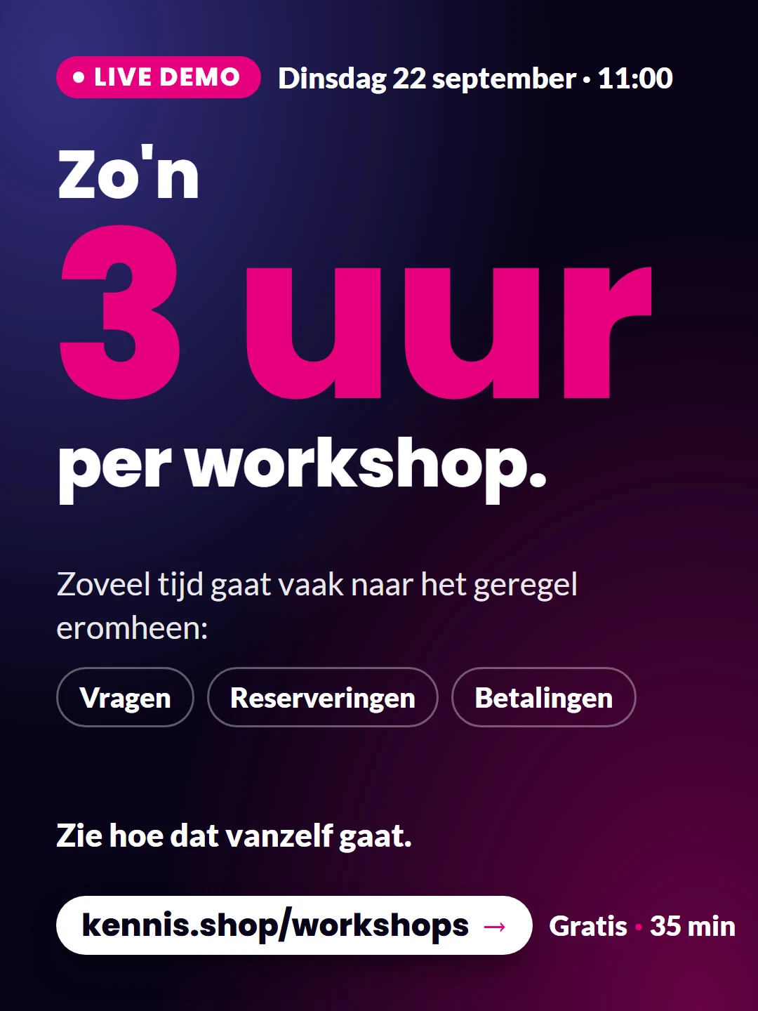 Zo’n 3 uur per workshop