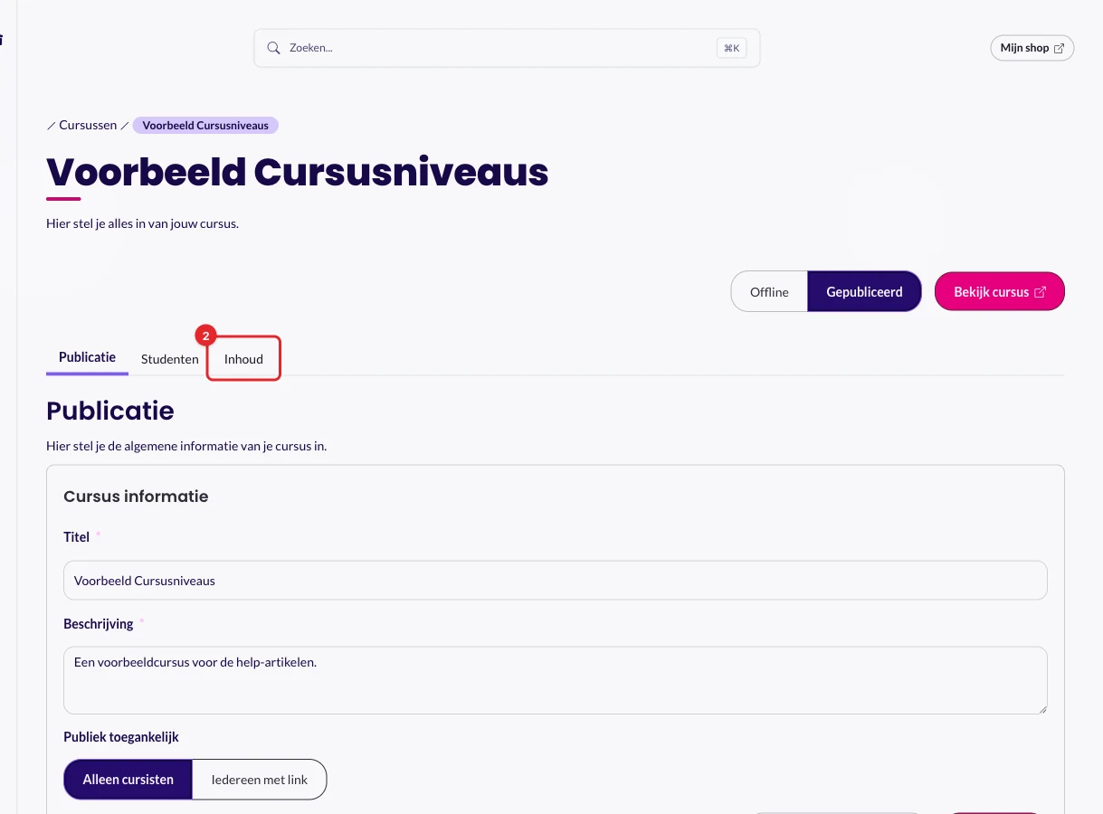 Het tabblad Inhoud van een cursus, met het tabblad gemarkeerd