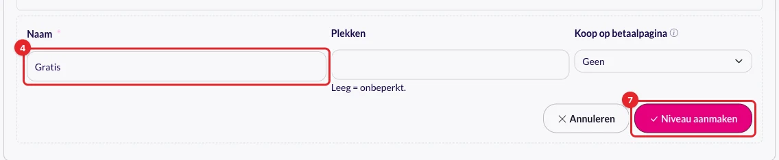 Het formulier voor een nieuw niveau met Naam en Niveau aanmaken gemarkeerd