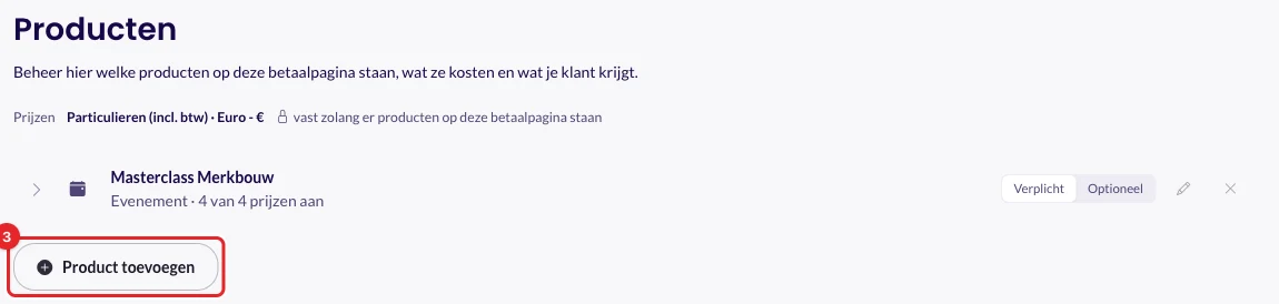 De knop Product toevoegen op het tabblad Producten van een betaalpagina
