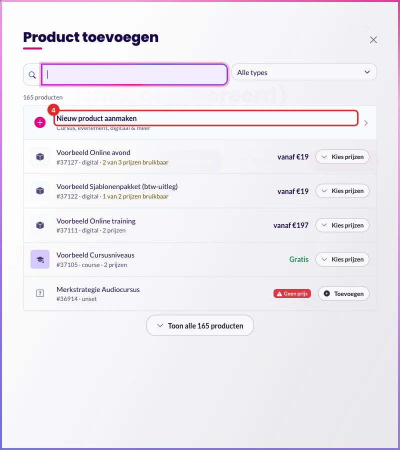 De keuze Nieuw product aanmaken bovenaan de lijst