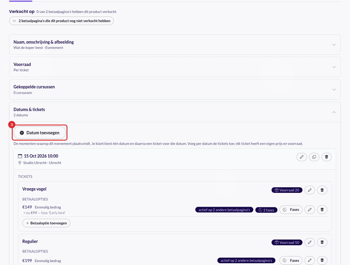De knop Datum toevoegen in het blok Datums & tickets
