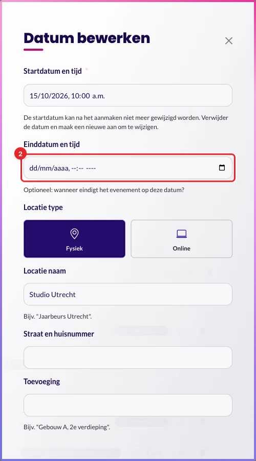 Datum bewerken: de startdatum staat vast, de einddatum kun je wel aanpassen