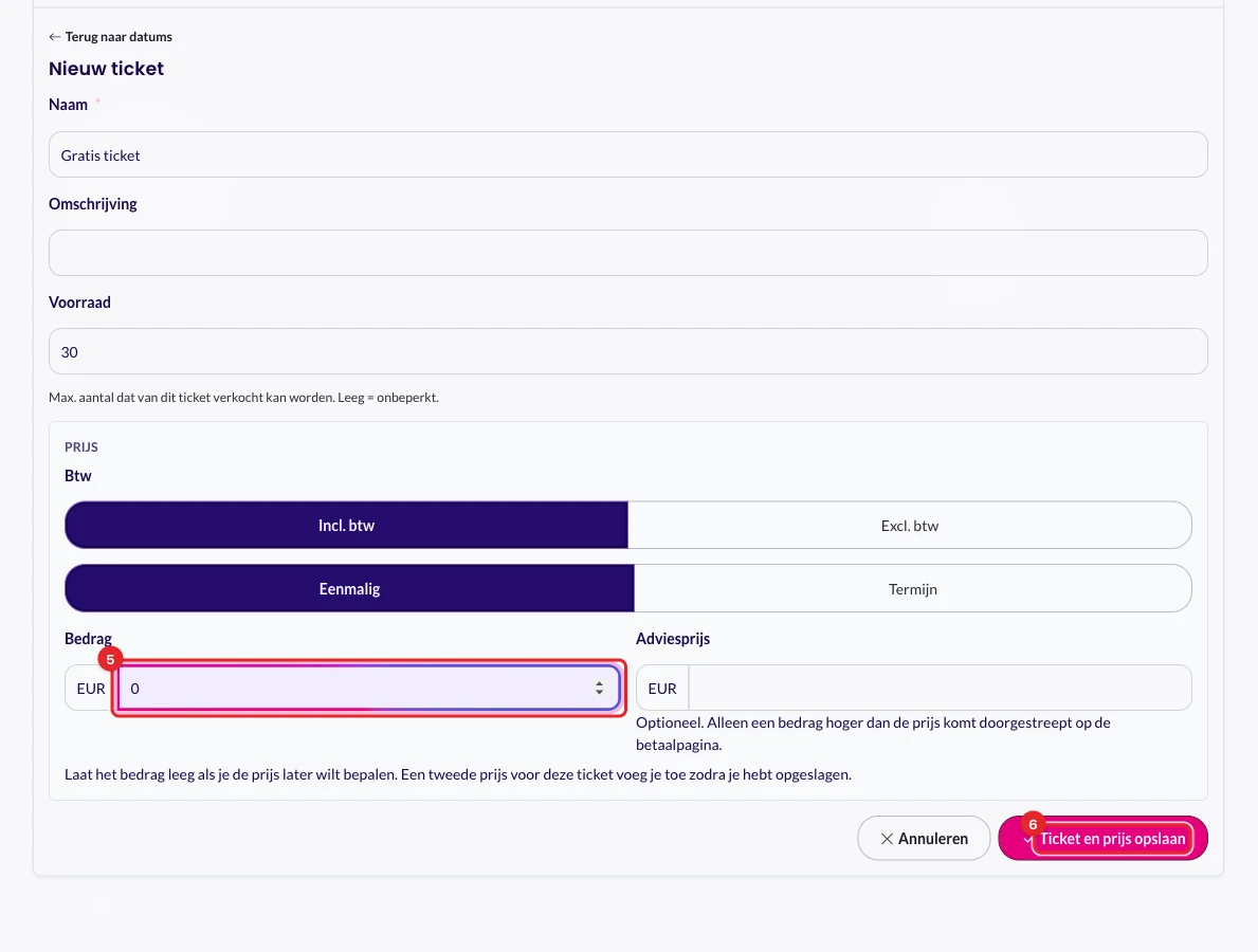 Het veld Bedrag en de knop Ticket en prijs opslaan
