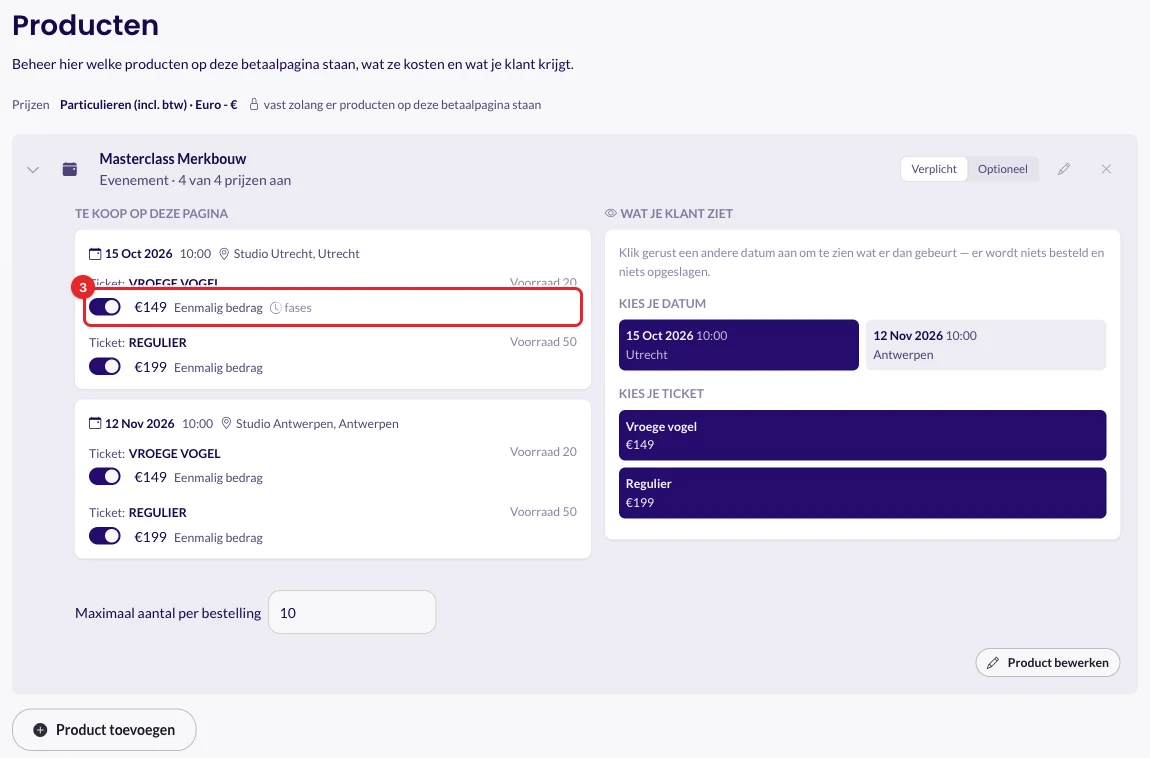 Onder Te koop op deze pagina staat bij elke ticketprijs een schakelaar