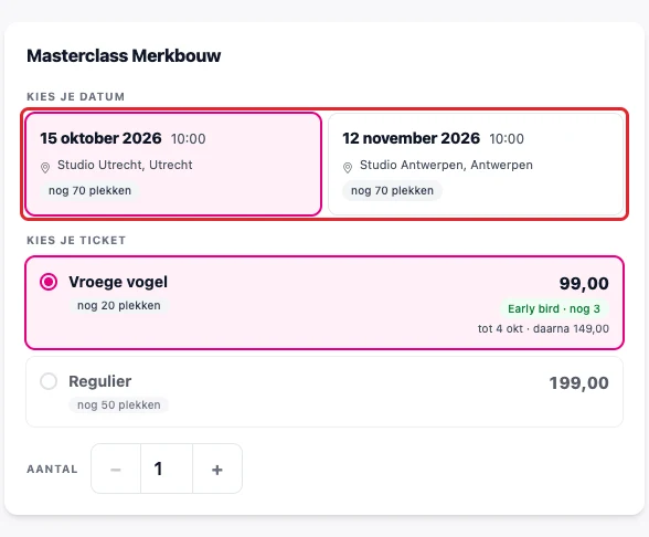 De datumkaarten en tickets op de betaalpagina, met "nog 70 plekken"