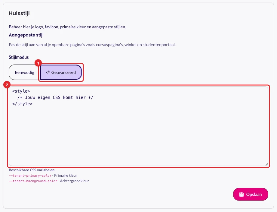 Stijlmodus Geavanceerd met het tekstvak voor je eigen CSS