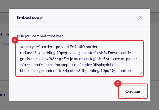 Het venster Embed code met de code ingevuld en de knop Opslaan