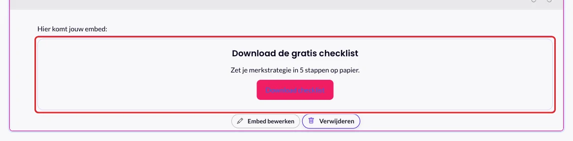 De embed in de editor, met de knoppen Embed bewerken en Verwijderen eronder