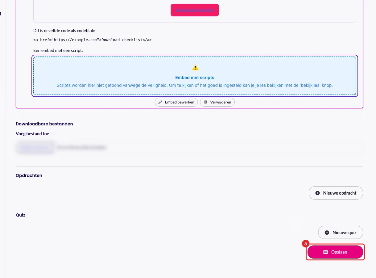 De knop Opslaan onderaan de pagina Les bewerken