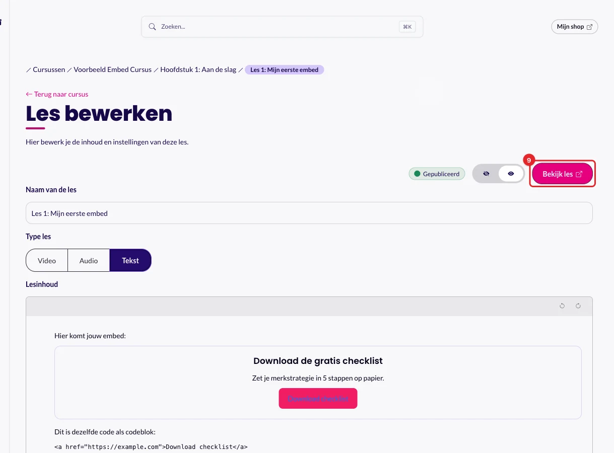De knop Bekijk les bovenaan de pagina Les bewerken