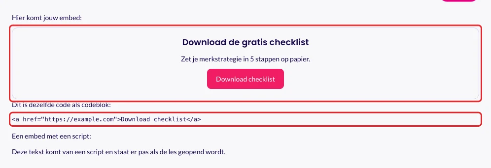 De les zoals een student hem ziet: de embed als echte opmaak, en de code in een codeblok als tekst