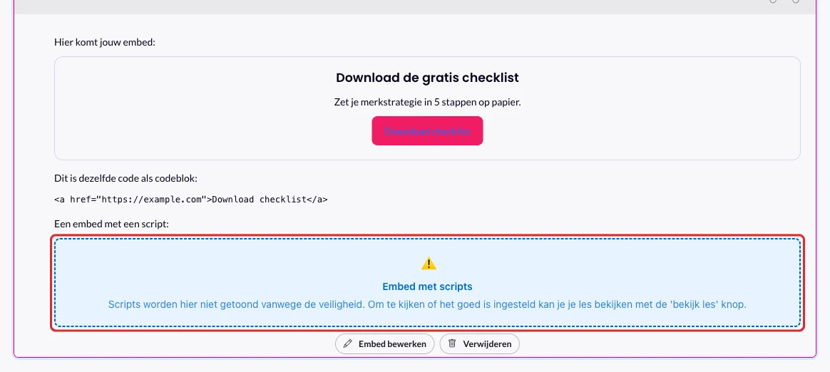 Het blauwe blok Embed met scripts in de editor