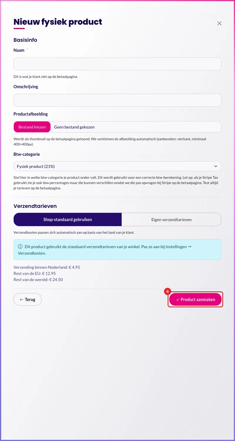 Het scherm Nieuw fysiek product met de knop Product aanmaken gemarkeerd