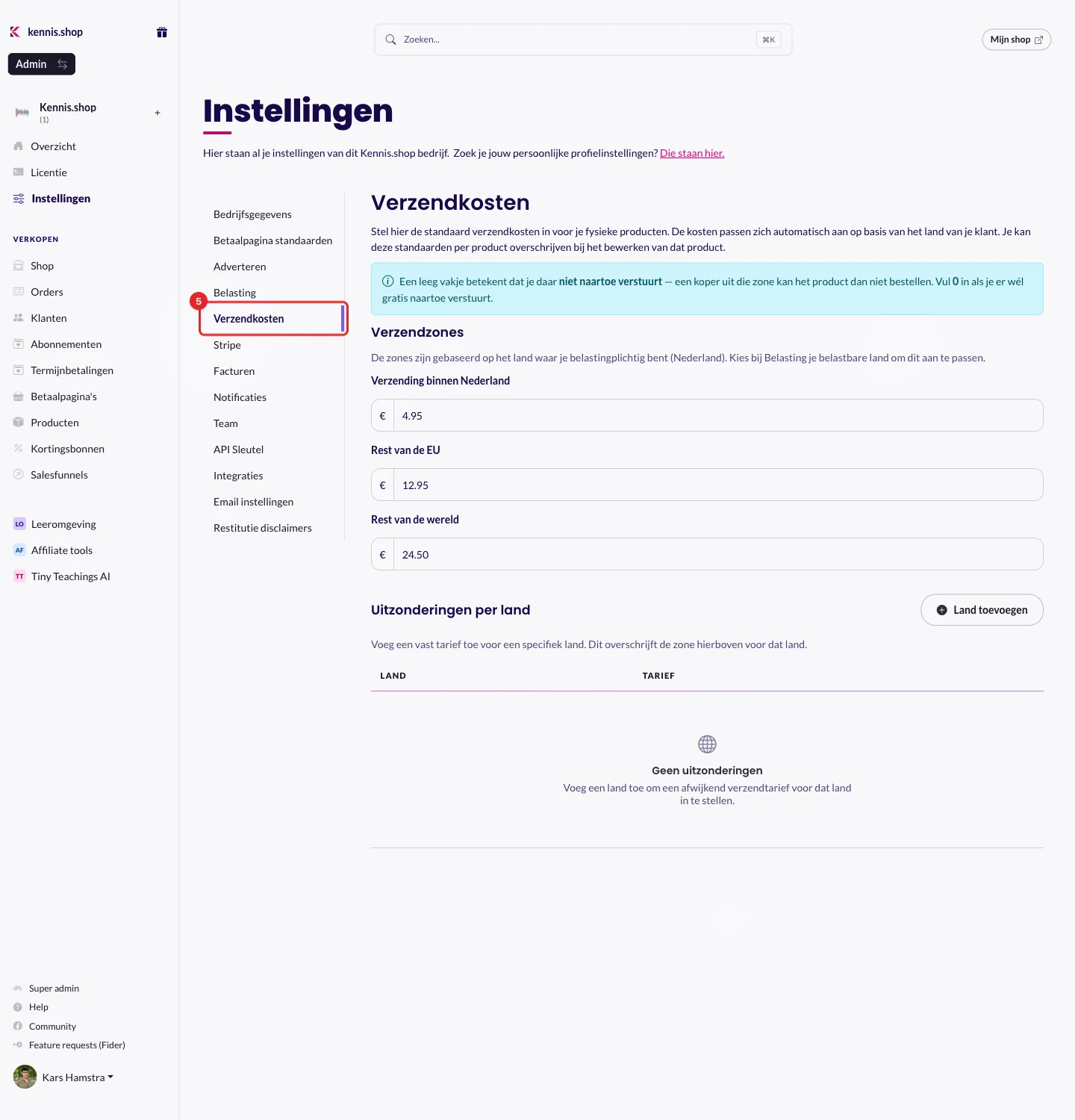 Instellingen met het tabblad Verzendkosten gemarkeerd