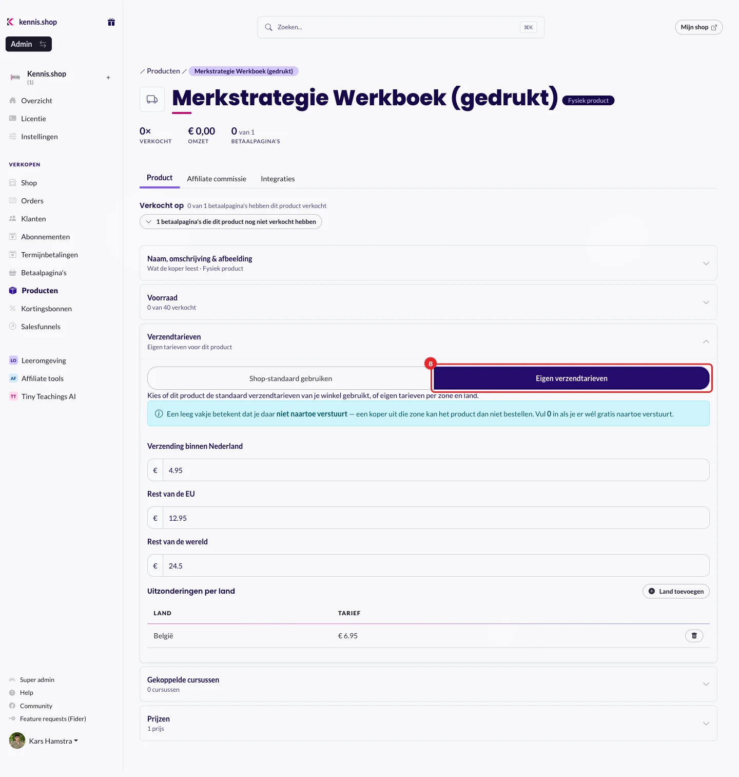 De kaart Verzendtarieven op een product, met Eigen verzendtarieven gemarkeerd