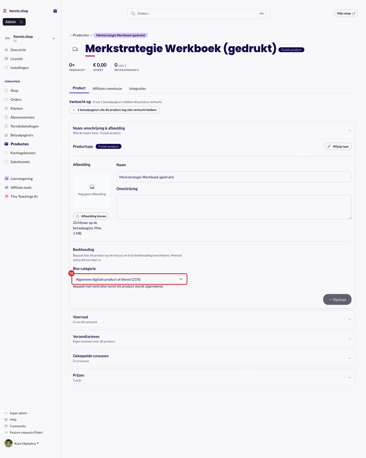 De kaart Naam, omschrijving & afbeelding met het veld Btw-categorie gemarkeerd