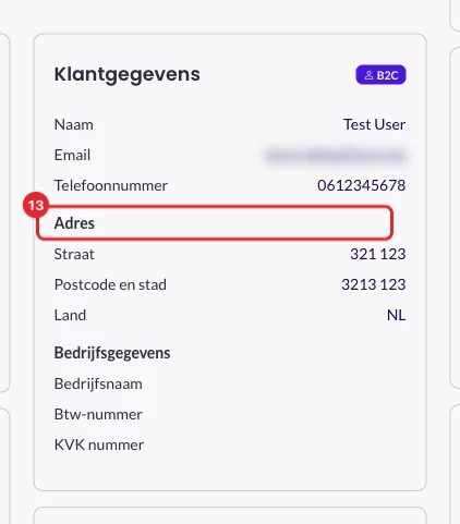 De kaart Klantgegevens op een order, met het kopje Adres gemarkeerd