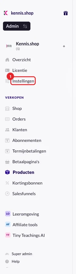 Het menu links met Instellingen gemarkeerd