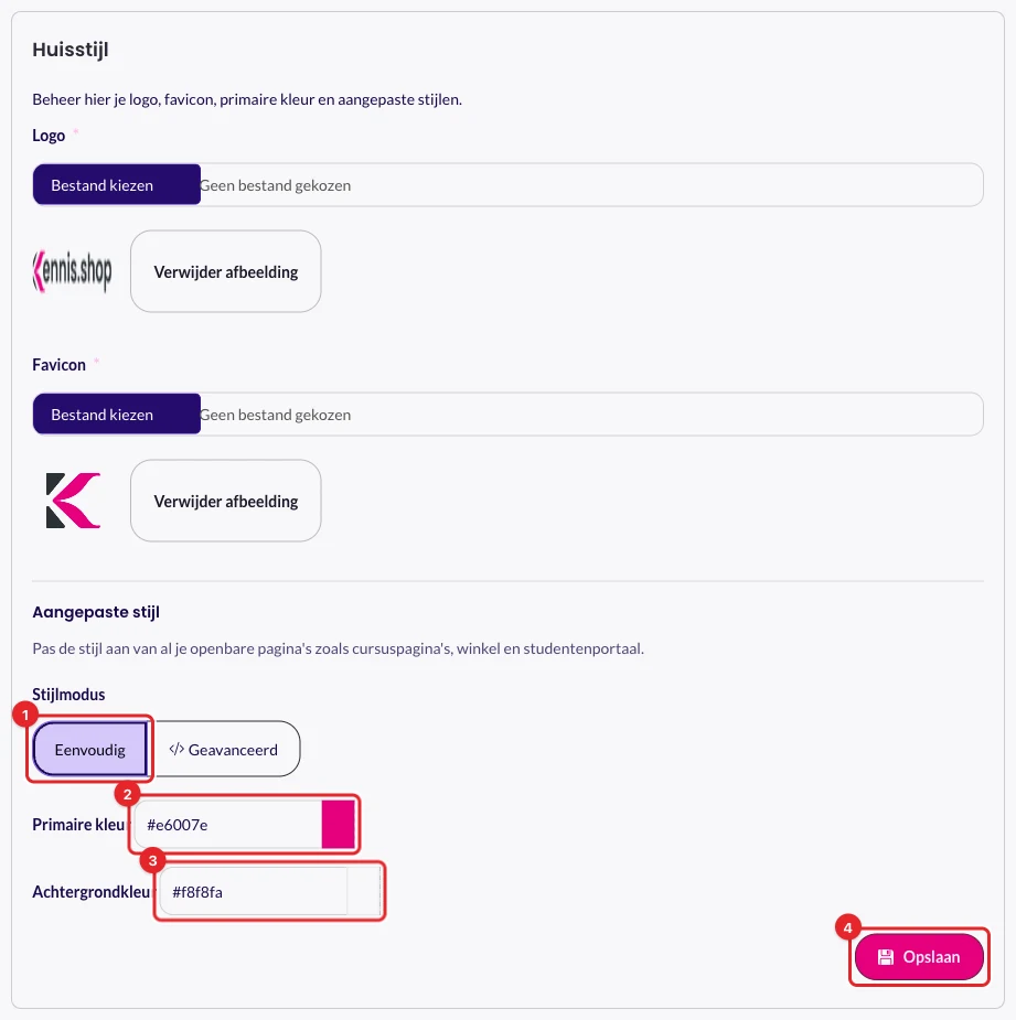Stijlmodus Eenvoudig (1), Primaire kleur (2), Achtergrondkleur (3) en Opslaan (4) gemarkeerd