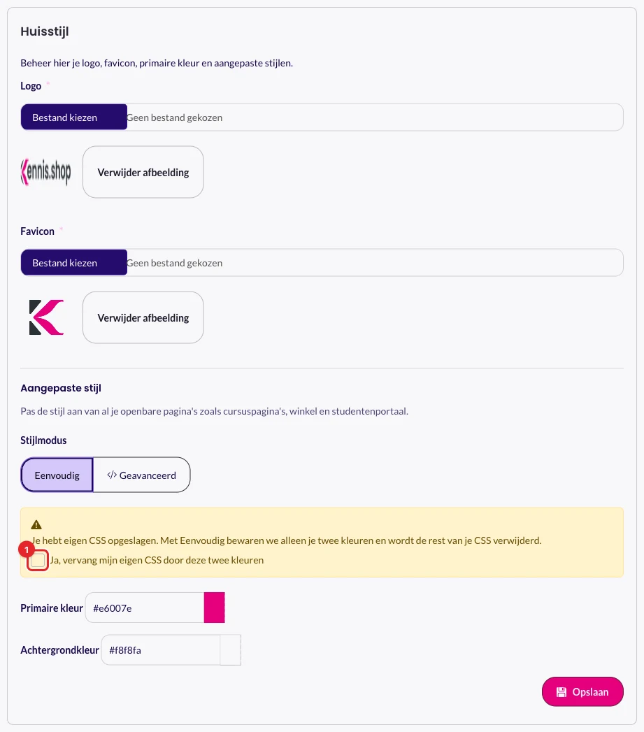 De gele waarschuwing met het vinkje Ja, vervang mijn eigen CSS door deze twee kleuren