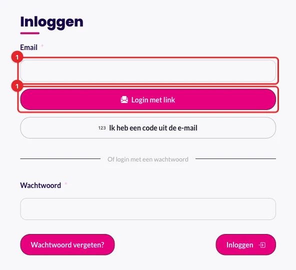 Het inlogscherm met het veld Email en de knop Login met link