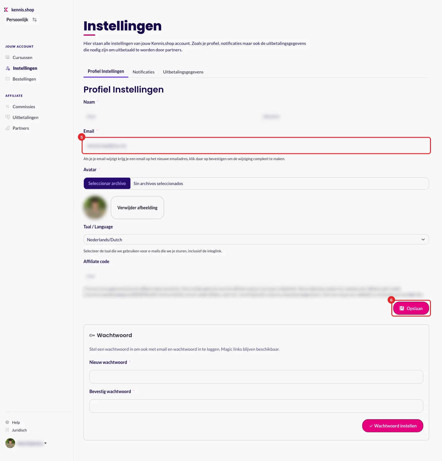 Profiel Instellingen met het veld Email en de knop Opslaan gemarkeerd