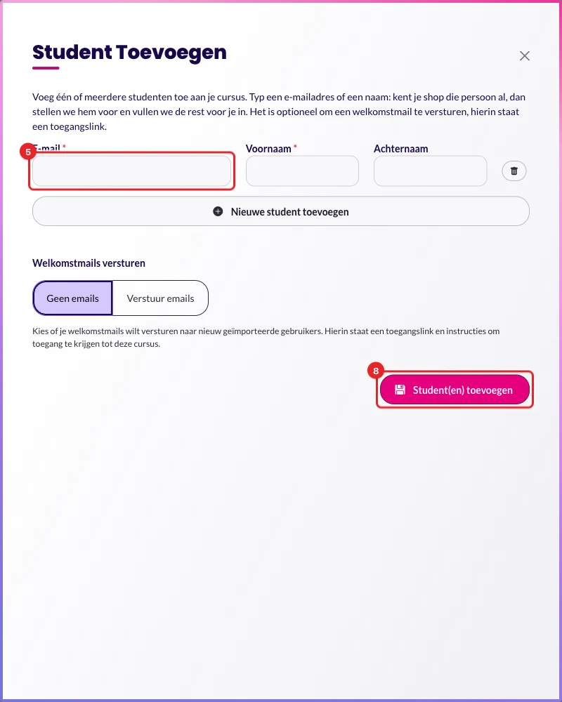 Het formulier Student Toevoegen met het veld E-mail en de knop Student(en) toevoegen