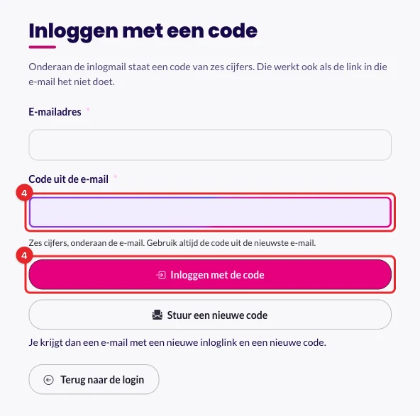 Het scherm Inloggen met een code, met het codeveld en de knop Inloggen met de code gemarkeerd