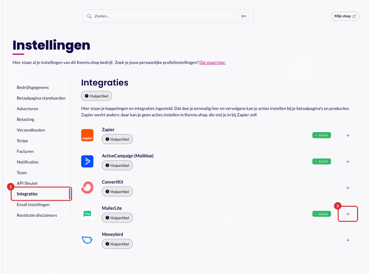 Het blok MailerLite op de pagina Integraties