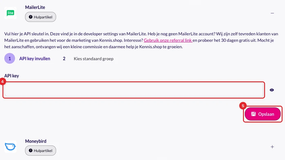 Het veld API key en de knop Opslaan
