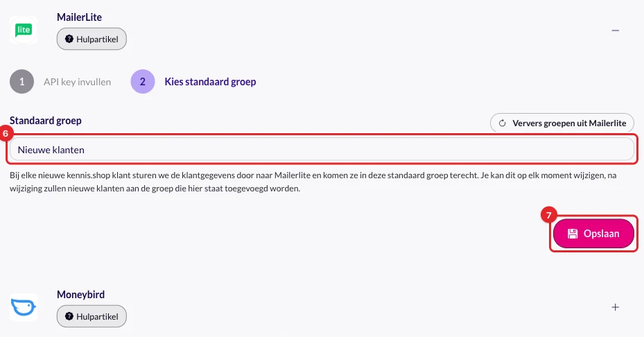 De keuze voor de standaard groep en de knop Opslaan