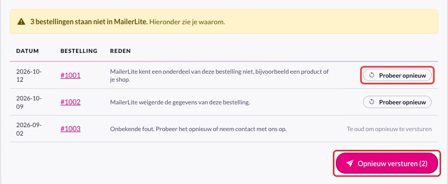 De lijst met bestellingen die niet in MailerLite staan