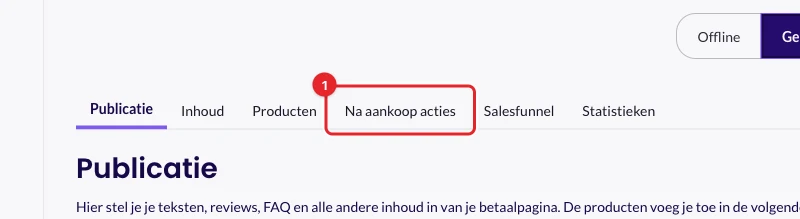 Het tabblad Na aankoop acties op de betaalpagina