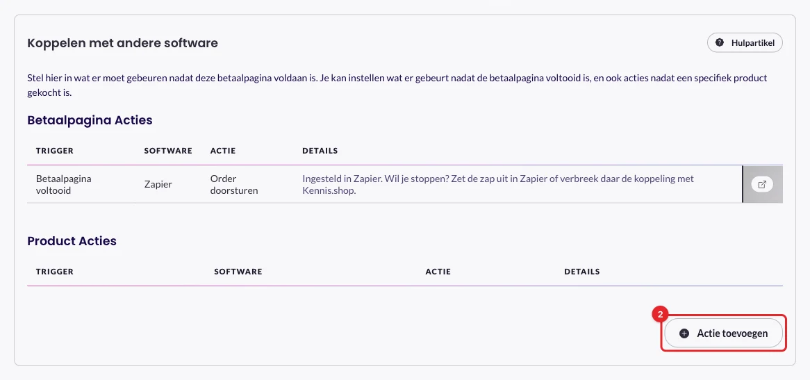De knop Actie toevoegen onderaan de kaart Koppelen met andere software