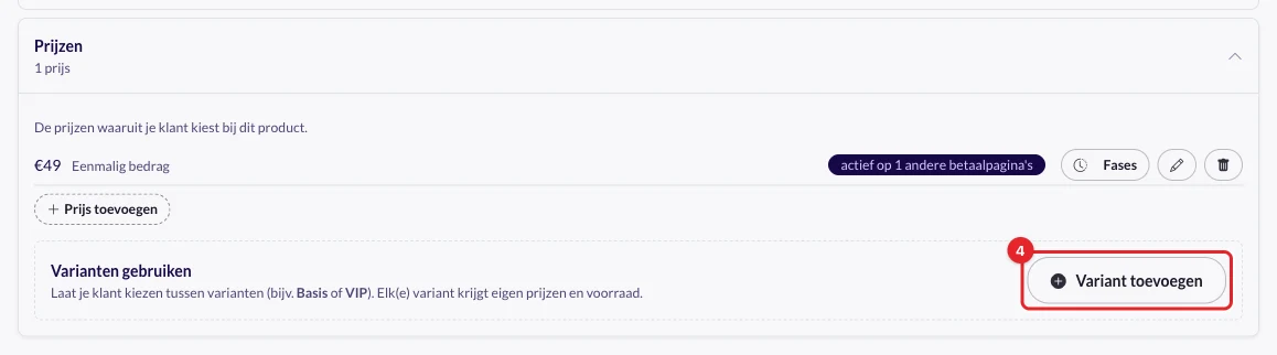 De kaart Prijzen met de knop Variant toevoegen