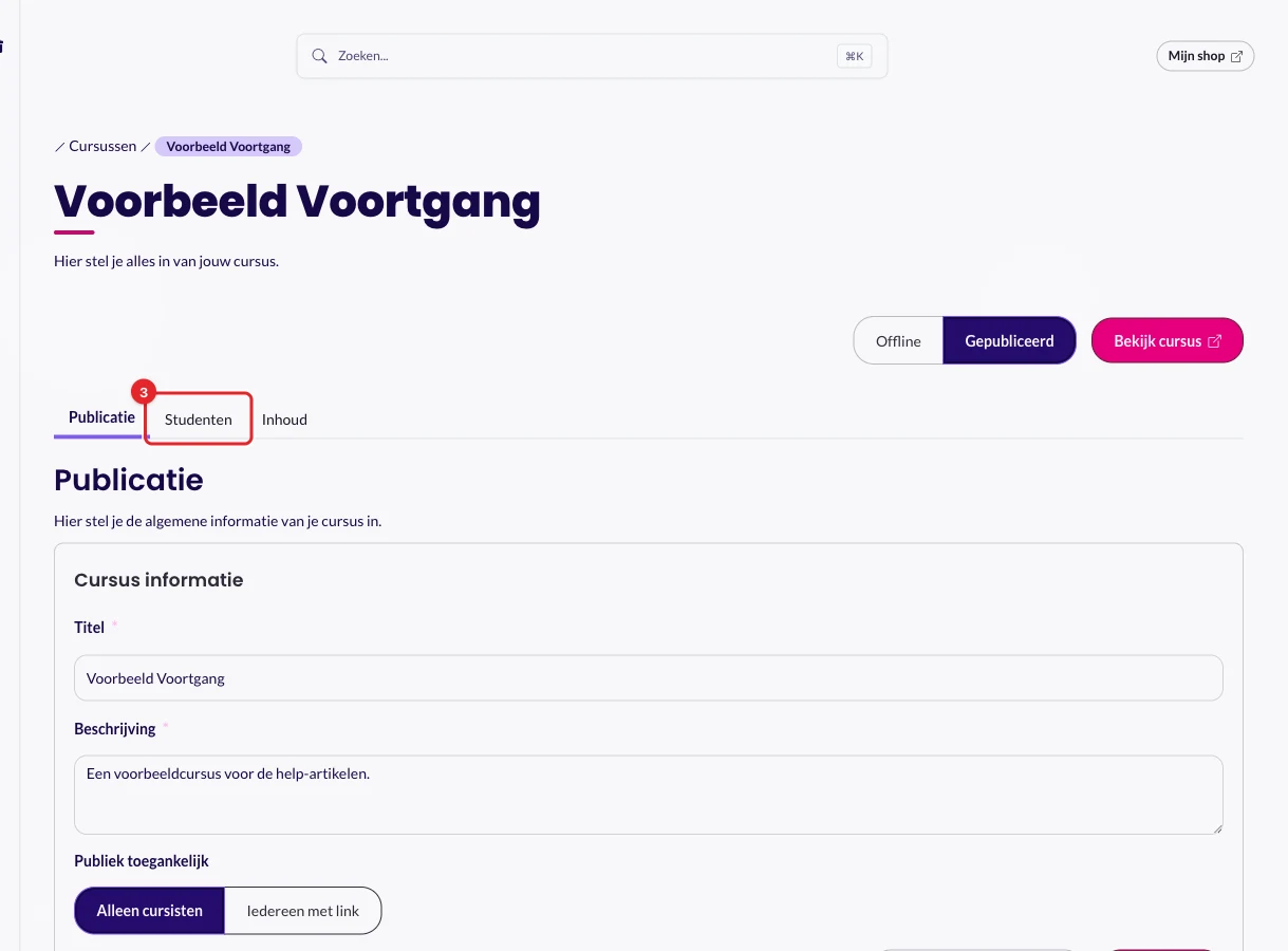 Het tabblad Studenten op de cursuspagina