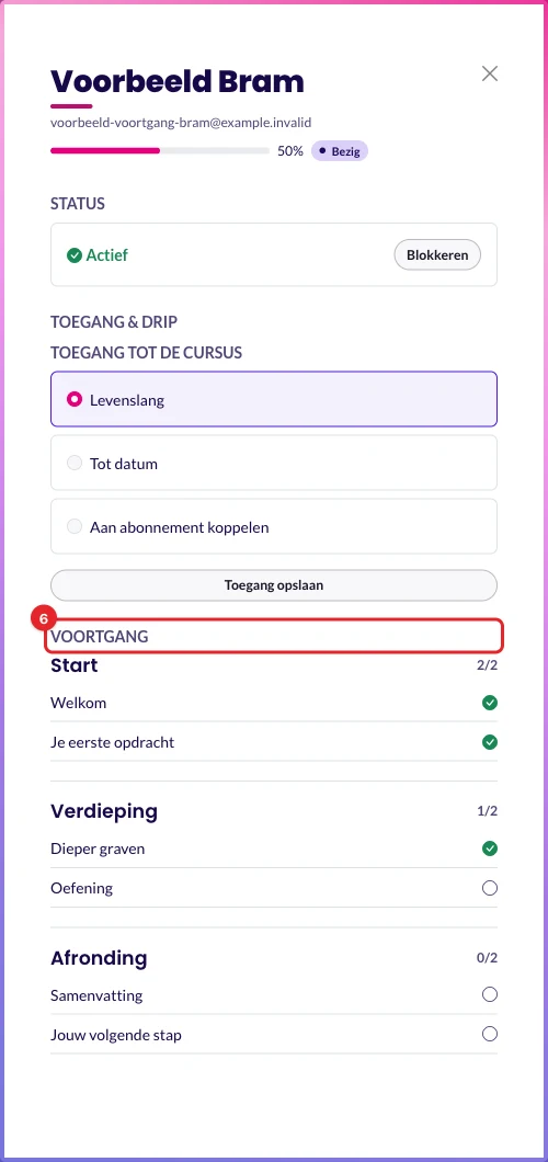 Het paneel met de afgeronde lessen van een student
