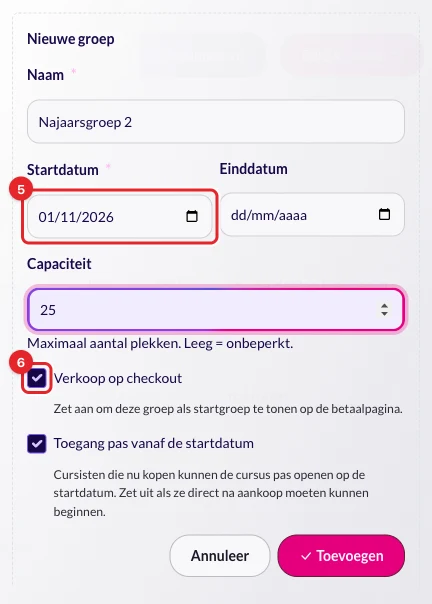 De velden Startdatum en Verkoop op checkout bij een nieuwe groep