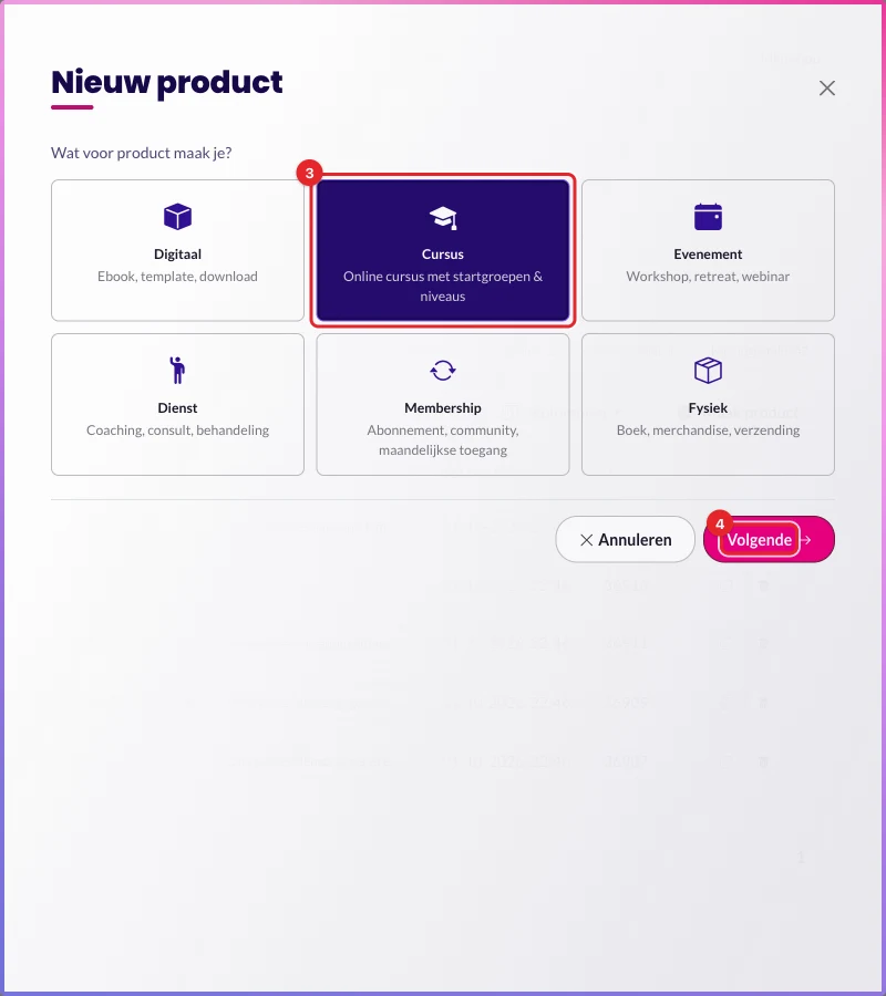 Het scherm Nieuw product met de zes producttypes