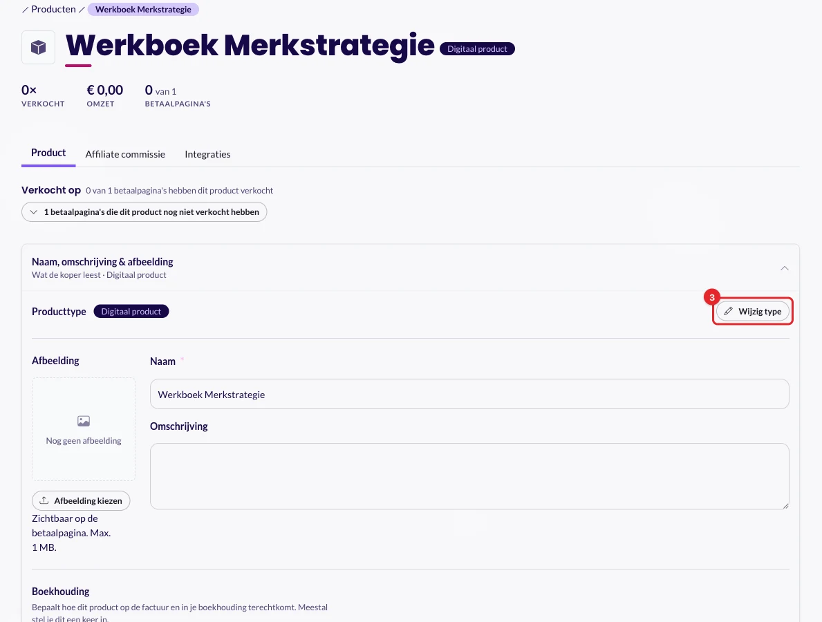 De knop Wijzig type naast het huidige producttype