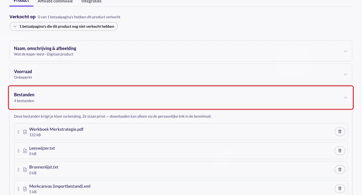 Het onderdeel Bestanden bij een digitaal product