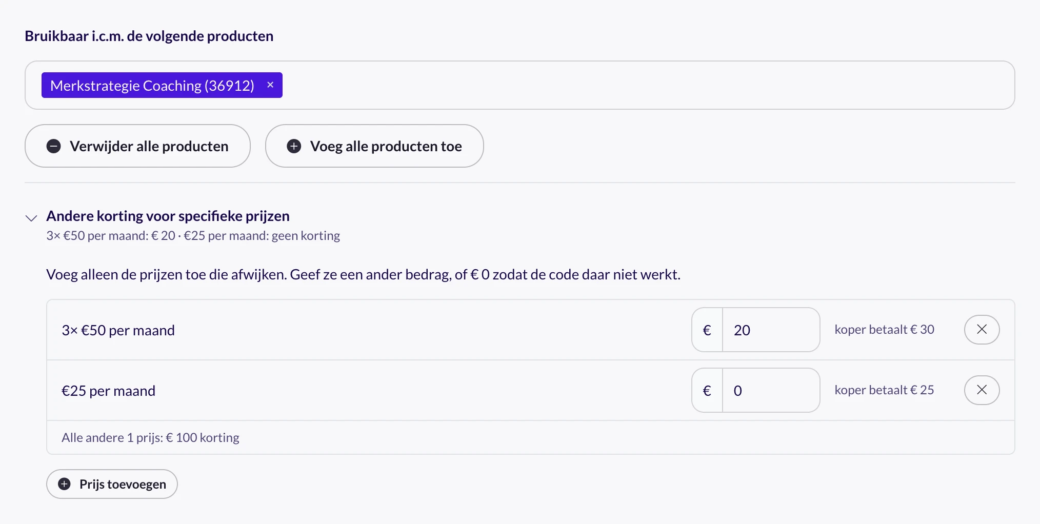 Een kortingscode van € 100 op Merkstrategie Coaching, met 'Andere korting voor specifieke prijzen' opengeklapt: 3× €50 per maand krijgt € 20 korting (koper betaalt € 30), €25 per maand krijgt € 0 (koper betaalt € 25), en daaronder 'Alle andere 1 prijs: € 100 korting'