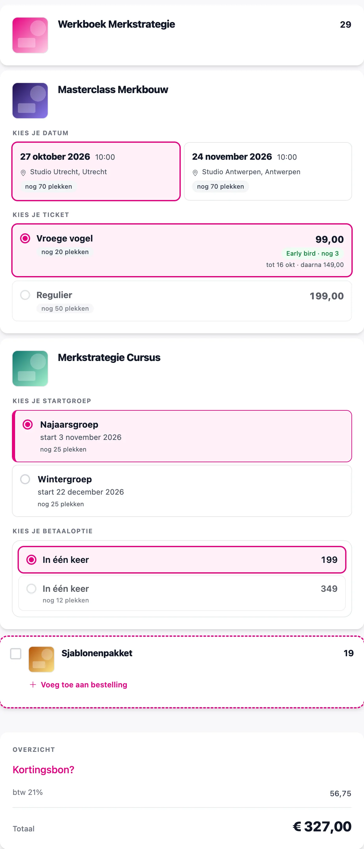 Een betaalpagina met vier producten, elk met een productafbeelding: een werkboek, een masterclass met datums en tickets, een cursus met startgroepen en betaalopties, en een sjablonenpakket als aanbieding. Onderaan het overzicht met btw en een totaal van € 327,00